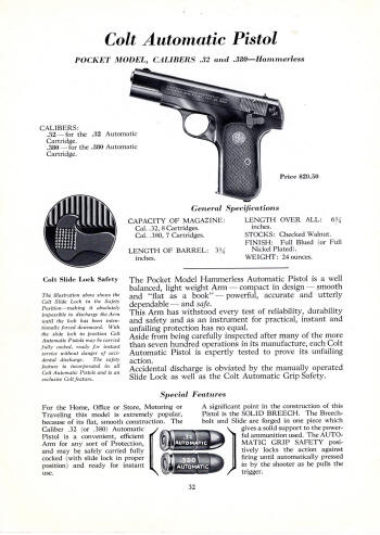 Colt Fire Arms Jan. 1933 Catalog pocket model pistol