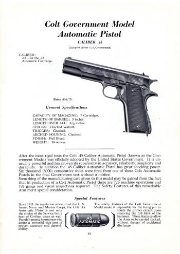 Colt Fire Arms Jan. 1933 Catalog gov't. model .45 automatic pistol