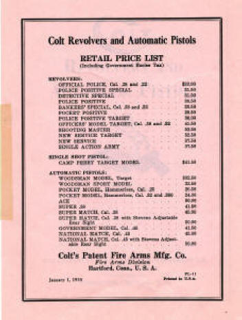 1938 Colt Firearms catalog price list of guns