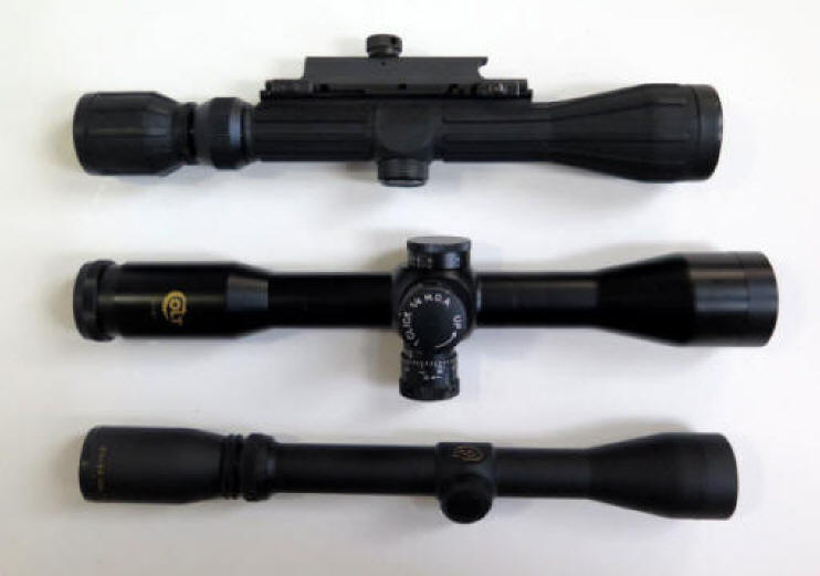 Colt 10x42, Tasco 3-9x40, Colt 3x-3x, scopes