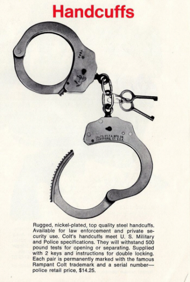 1970s catalog with colt handcuffs and price